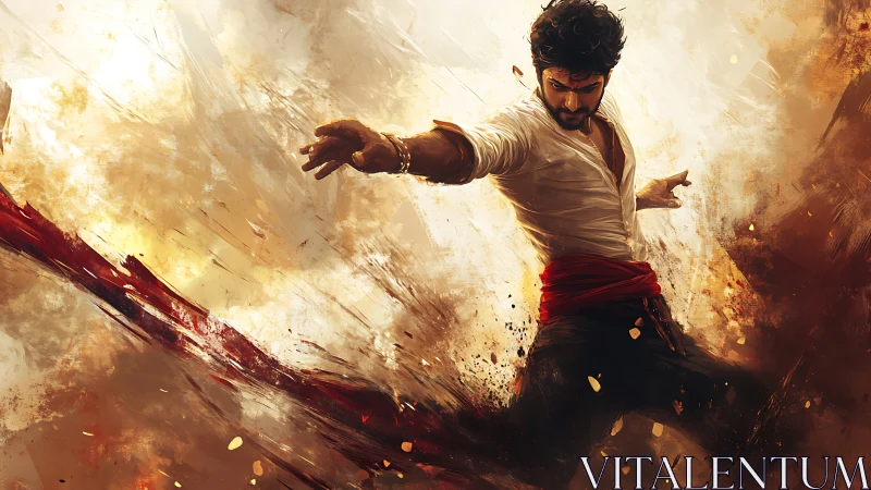 Male figure in dynamic martial pose amid abstract streaks.