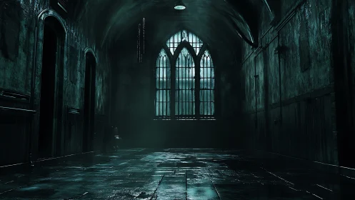Gothic corridor under eerie teal light with barred window.