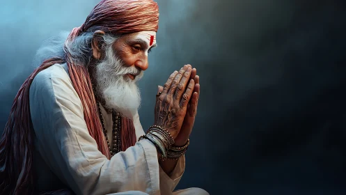 Digital portrait of elderly spiritual man in prayerful pose.