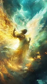 Radiant celestial angel ascends through luminous storm clouds