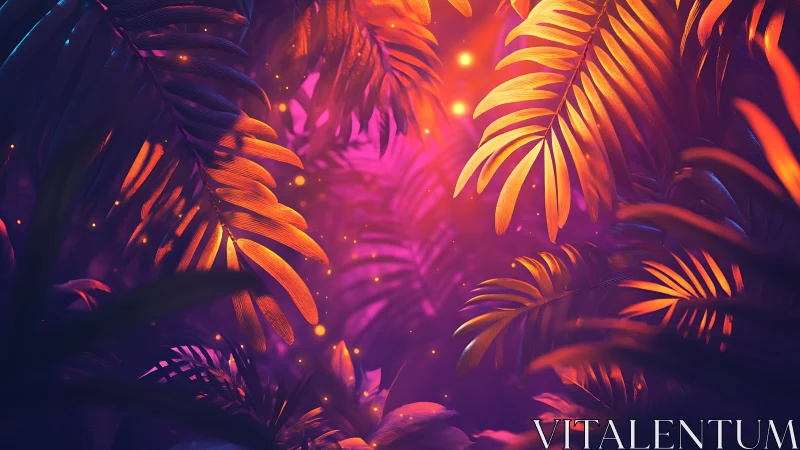 Neon jungle glow with dreamy gold fireflies at dusk.