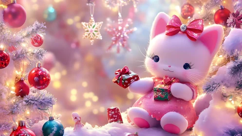 Pink toy cat holding presents between decorated trees