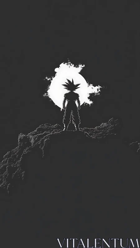 Lone spiky haired warrior stands bold against a bright moon