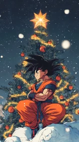 Anime warrior in orange gi meditating before lit snowbound tree