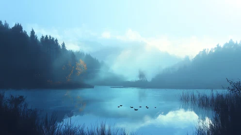 Foggy forest lake with waterfowl and soft blue light.