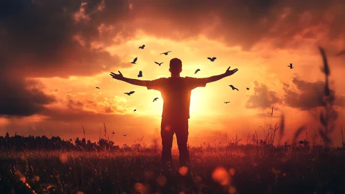 Silhouette embraces sunset sky as birds circle in freedom
