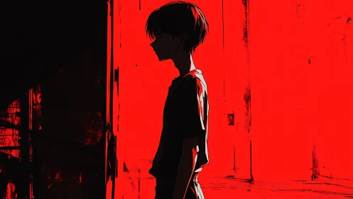 Solitary anime figure stands in stark red corridor contrast