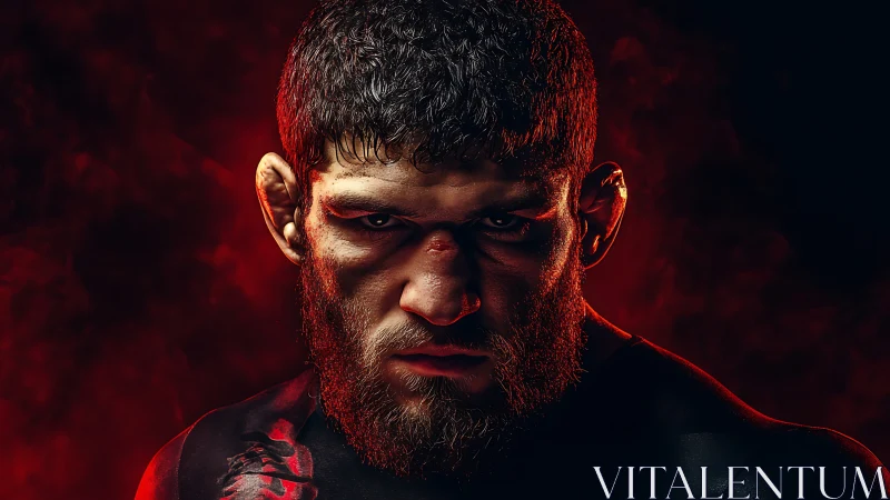Intense MMA fighter glares through dramatic red smoke backdrop.