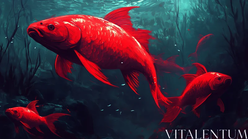 Crimson koi school gliding through teal abyssal waters.