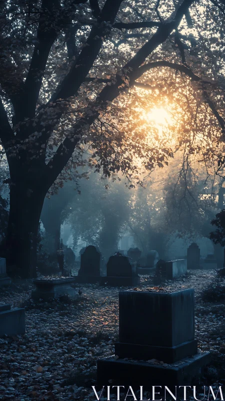 Sunlit mist over an autumn graveyard at dawnfall twilight.