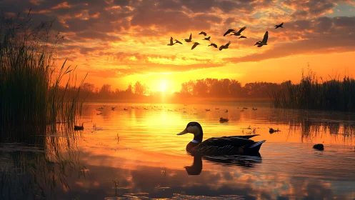 Golden hour lake with proud duck and drifting fireclouds.