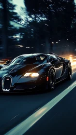 Midnight supercar gliding through a city of blurred lights.