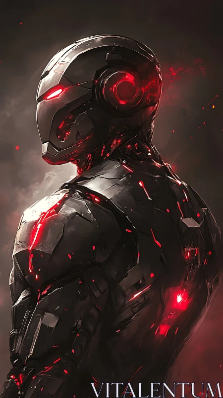 Ember-forged cyber warrior cloaked in crimson circuitry.