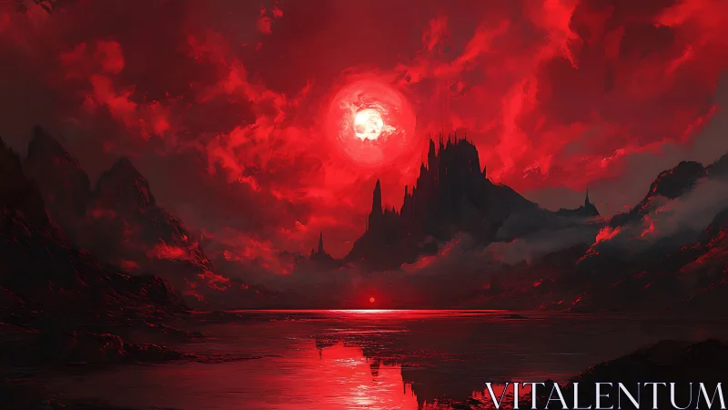 Red-illuminated jagged fortress beneath dense cloud cover.