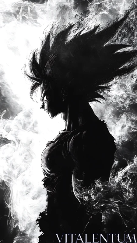 Silhouetted anime warrior emerges from swirling white smoke.