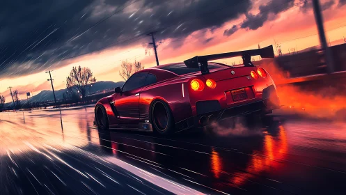Red sports car drifts across wet highway at neon sunset