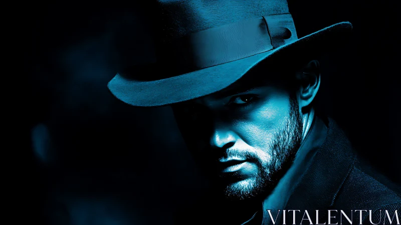 Noir-lit man in fedora under dramatic blue side lighting.