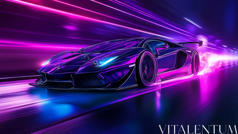 Neon hypercar slashes through electric violet night tunnel.