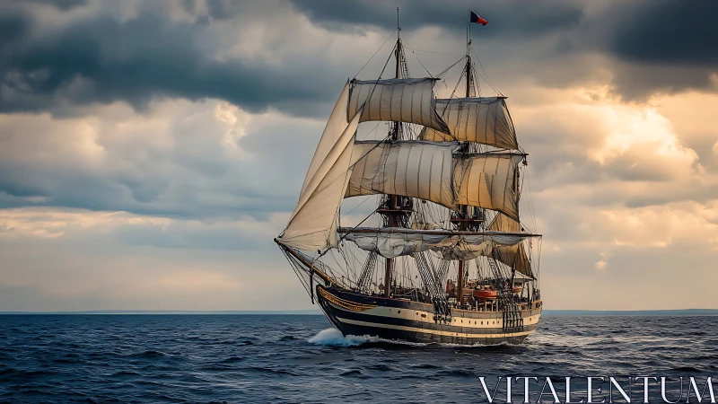 Tall square-rigged sailing ship on open sea under clouds.