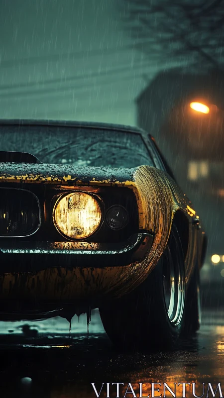 Vintage muscle car headlight in rainy night street scene.