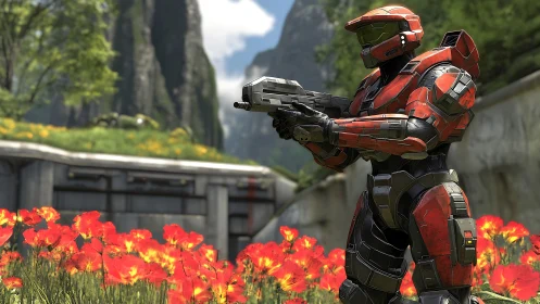 Armored sci fi soldier in red armor patrolling poppy field.