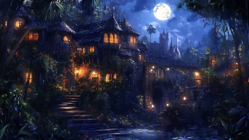 Moonlit forest village shows glowing windows and distant castle