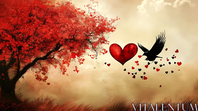 Red Heart and Raven Soaring Through Mystical Autumn Landscape