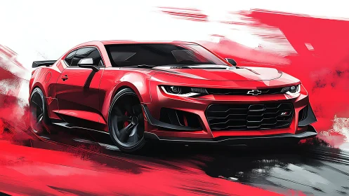 Red Chevrolet Camaro digital art with dynamic motion blur.