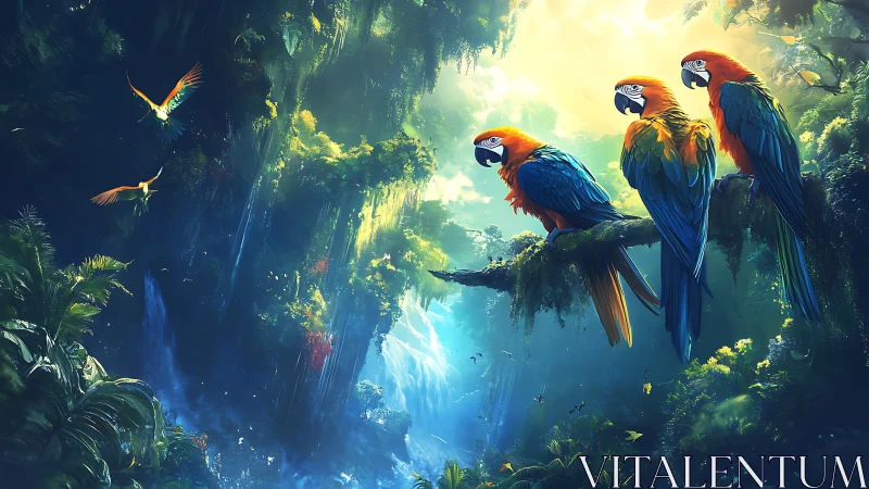 Triad of macaws over bioluminescent rainforest waterfall vista.