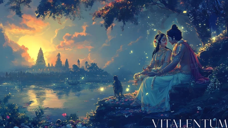 Divine lovers rest beside a glowing river at enchanted dusk.