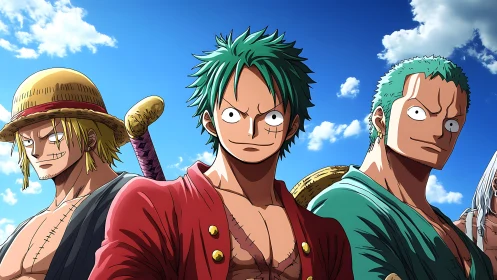 Anime pirate trio under vivid blue sky in bold composition.