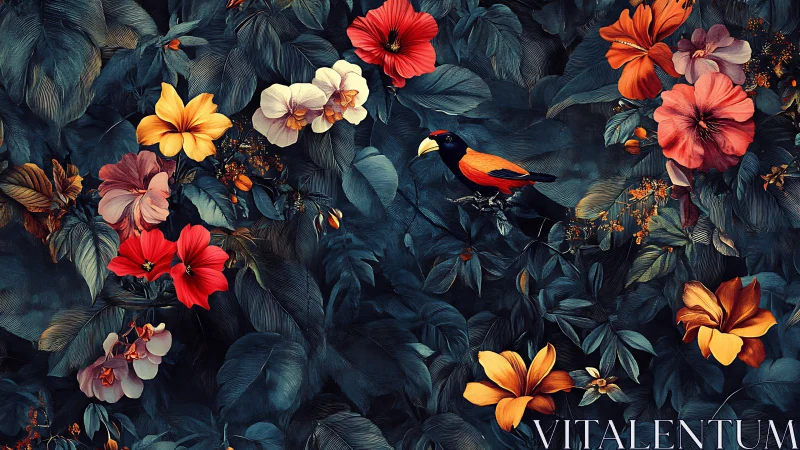 Dark botanical composition with flowering plants and bird.