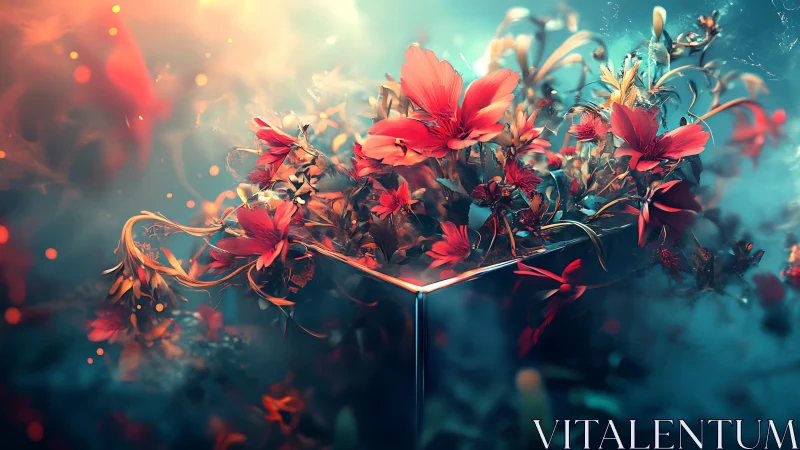 Red flowers emerging from reflective geometric vessel.