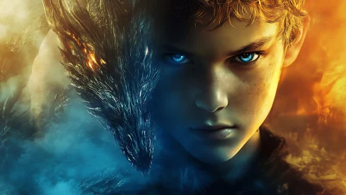 Boy merged with dragon head in fiery and icy contrast scene