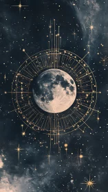 Lunar disc framed by radial celestial geometry in deep space