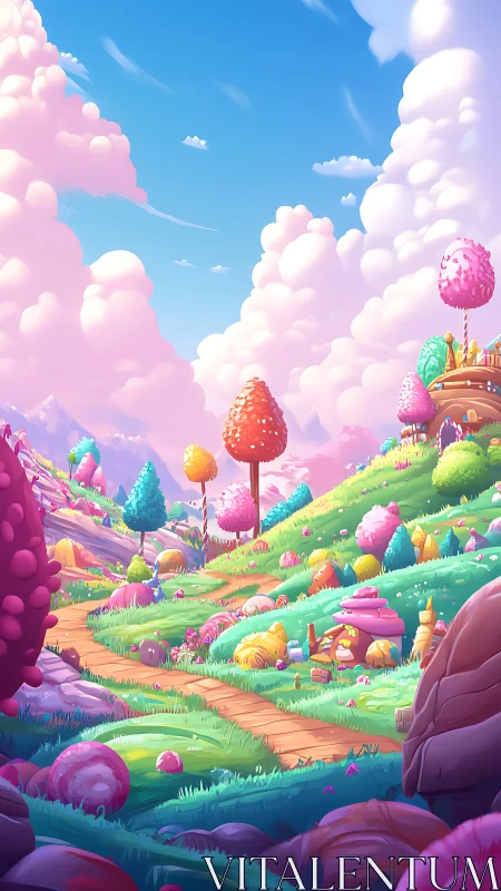 Candy Land Valley with Lollipop Trees and Pink Clouds.