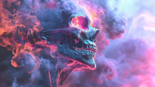 Luminous skull adrift in neon clouds of dreamlike smoke.