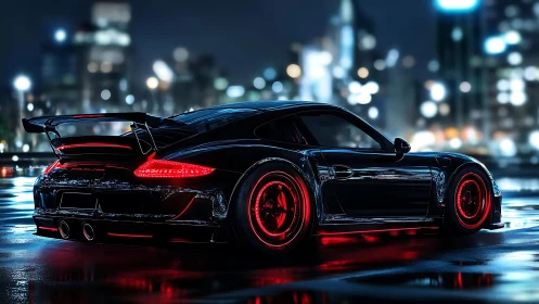 Black sports coupe glows with red neon on wet city street