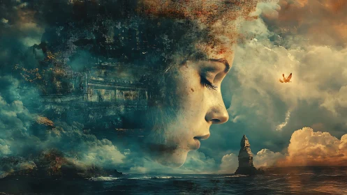 Female profile blended with clouds and seascape scene.