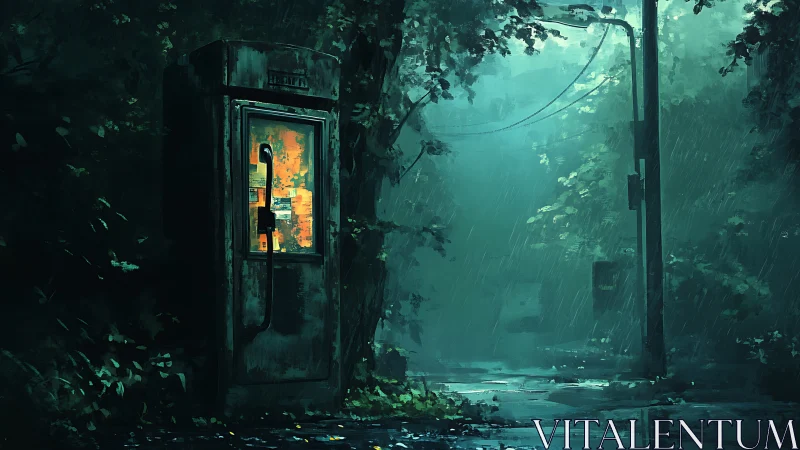 Abandoned phone booth glows in rain-soaked forest street