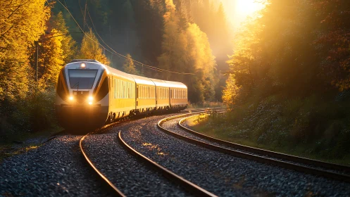 Modern passenger train on forest curve in golden sunset light.