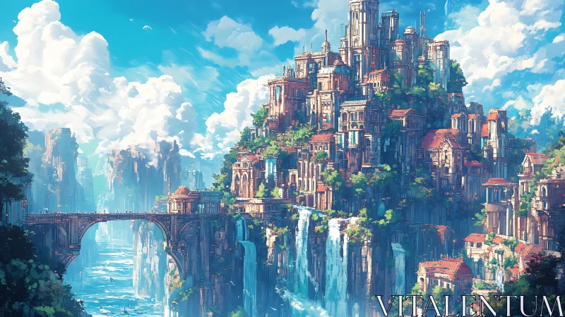 Terraced cliffside city rises above waterfalls and sky bridge