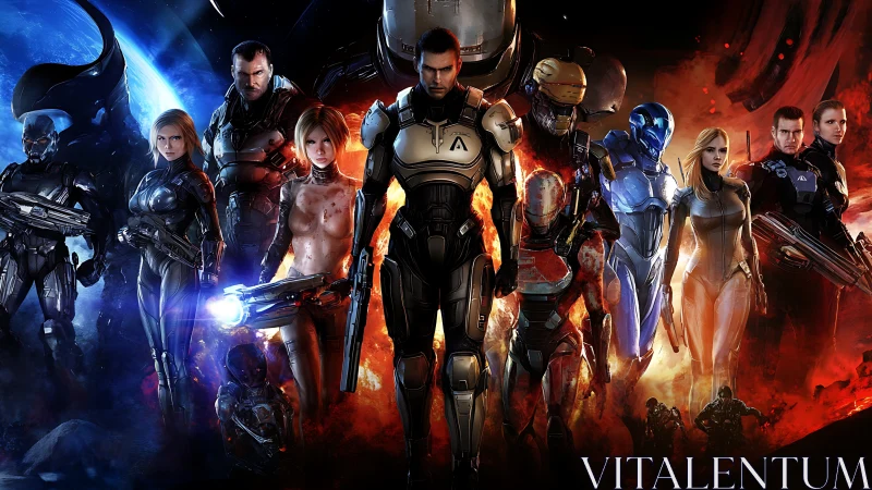 Armored sci fi squad lineup in contrasting cosmic backdrop.