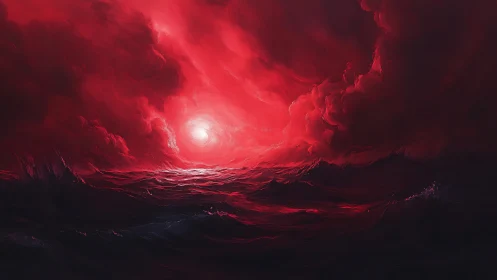 Red-illuminated ocean horizon sits beneath dense storm clouds