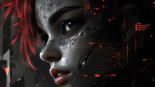 Cybernetic woman’s profile glows amid red digital shards.