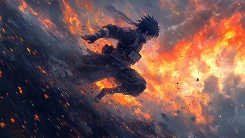 Storm-lit ninja warrior leaping through erupting firestorm.