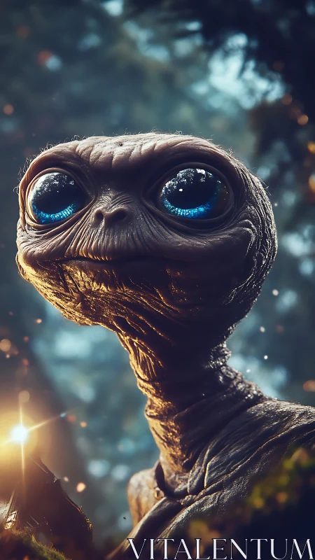 Gentle alien with luminous blue eyes glows in forest twilight.