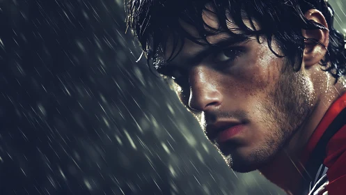 Rain-soaked determination in a dramatic close-up portrait.
