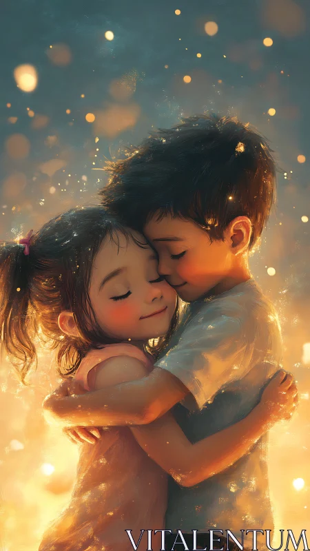 Two children embraced in golden luminescence.