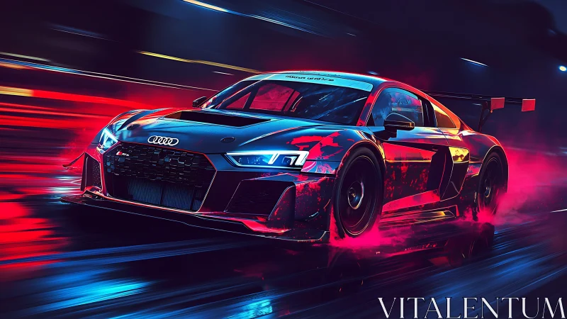 Audi race car slices through neon-lit night track at speed.